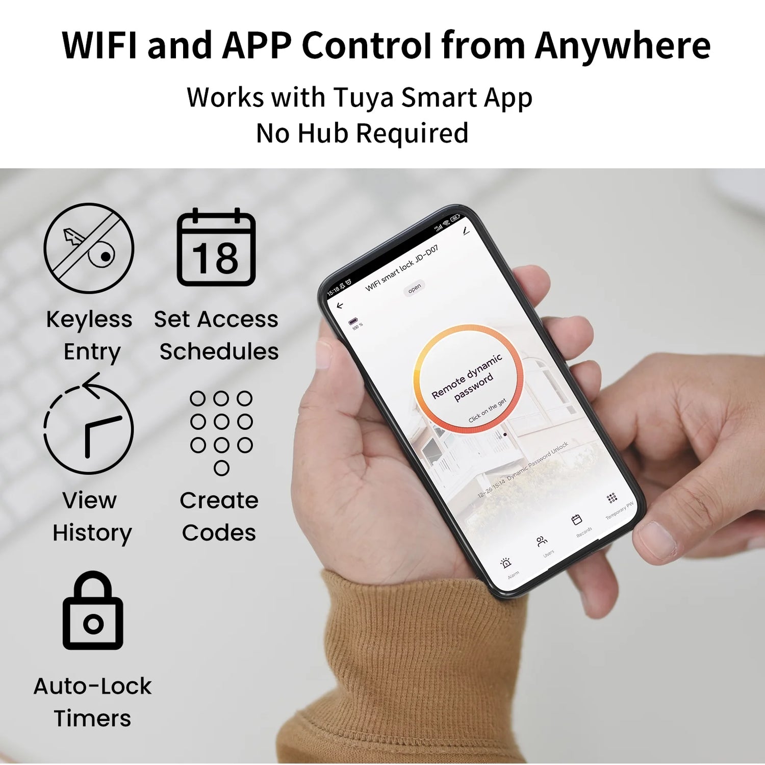 Security Smart Lock Fingerprint Door Latch Keyless Entry Wi-Fi Door Lock Wireless Electronic Deadbolt with Touchscreen Keypad Doorbell Key IC Card App Control IP65 Waterproof Matte Black